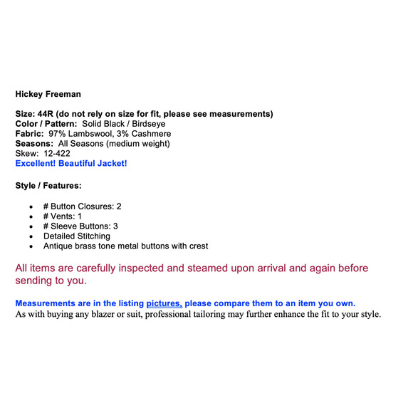 Hickey Freeman 44R Black Birdseye Blazer Brass Tone Buttons Lambswool Cashmere - Picture 2 of 14